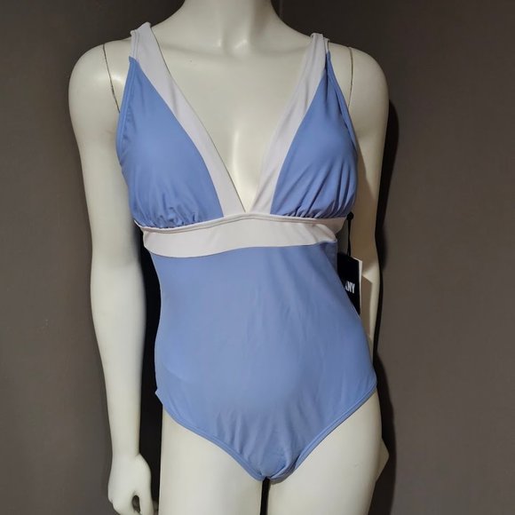 DKNY Plunging Colorblock  One-Piece Swimsuit Hydrangea - Picture 2 of 12
